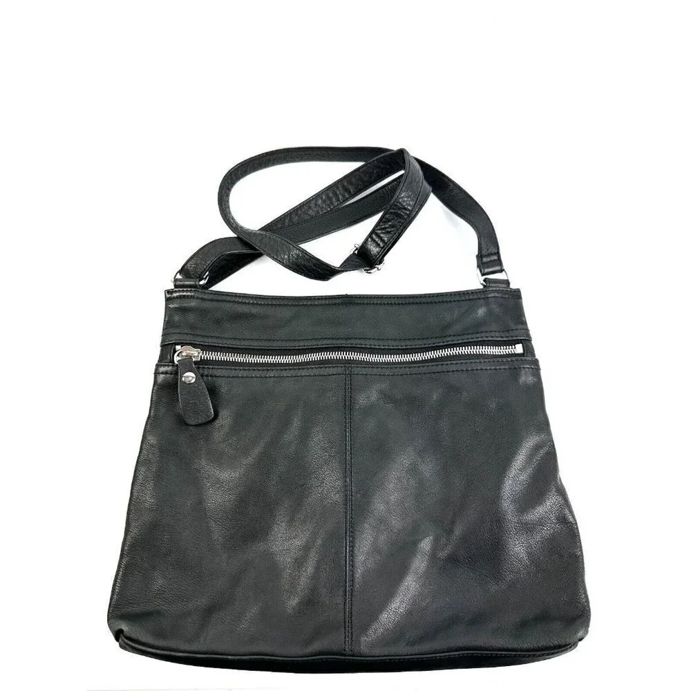 Margot Crossbody Bag Double Zip Black Leather Handbag Silver Accent‎ Purse